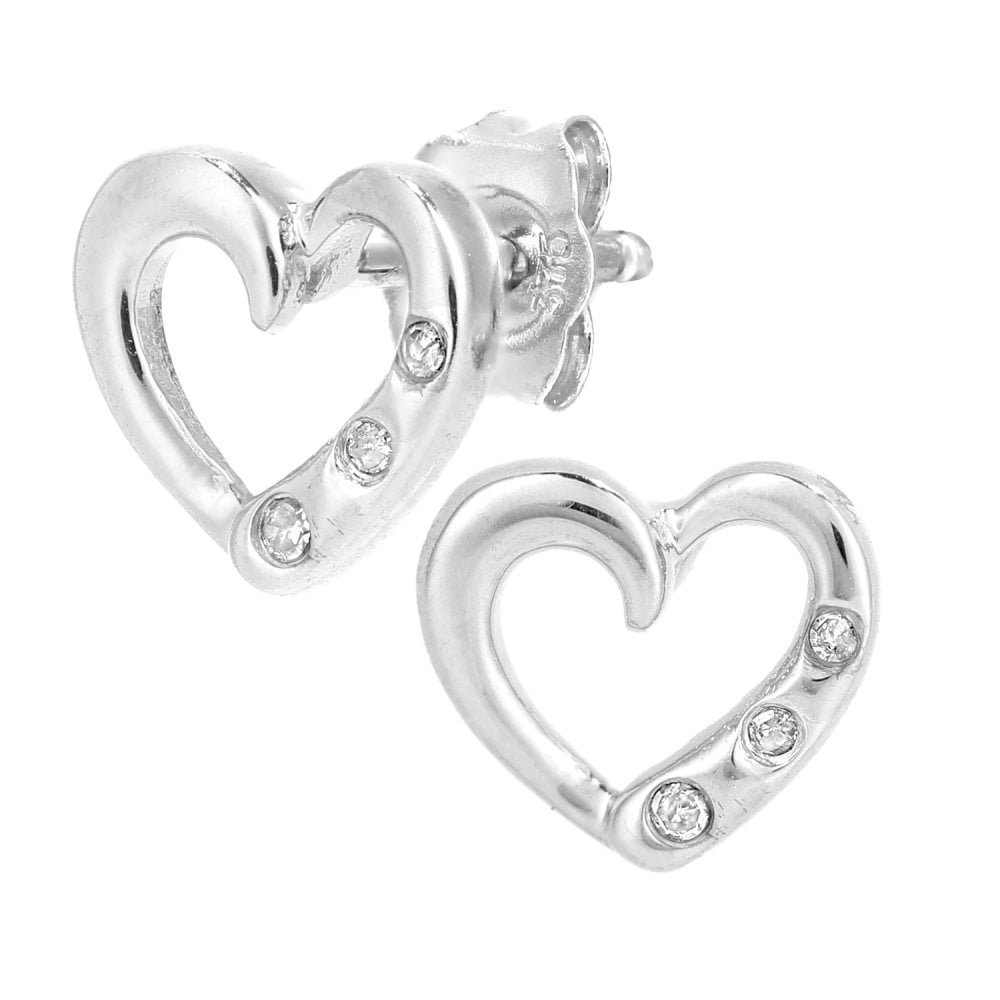 SPARKLD 9ct White Gold 0.02ct Diamond Heart Trilogy Stud Earrings