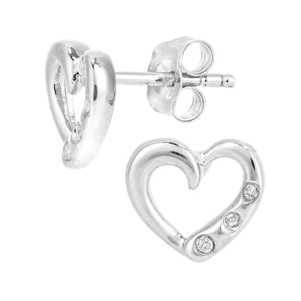 SPARKLD 9ct White Gold 0.02ct Diamond Heart Trilogy Stud Earrings