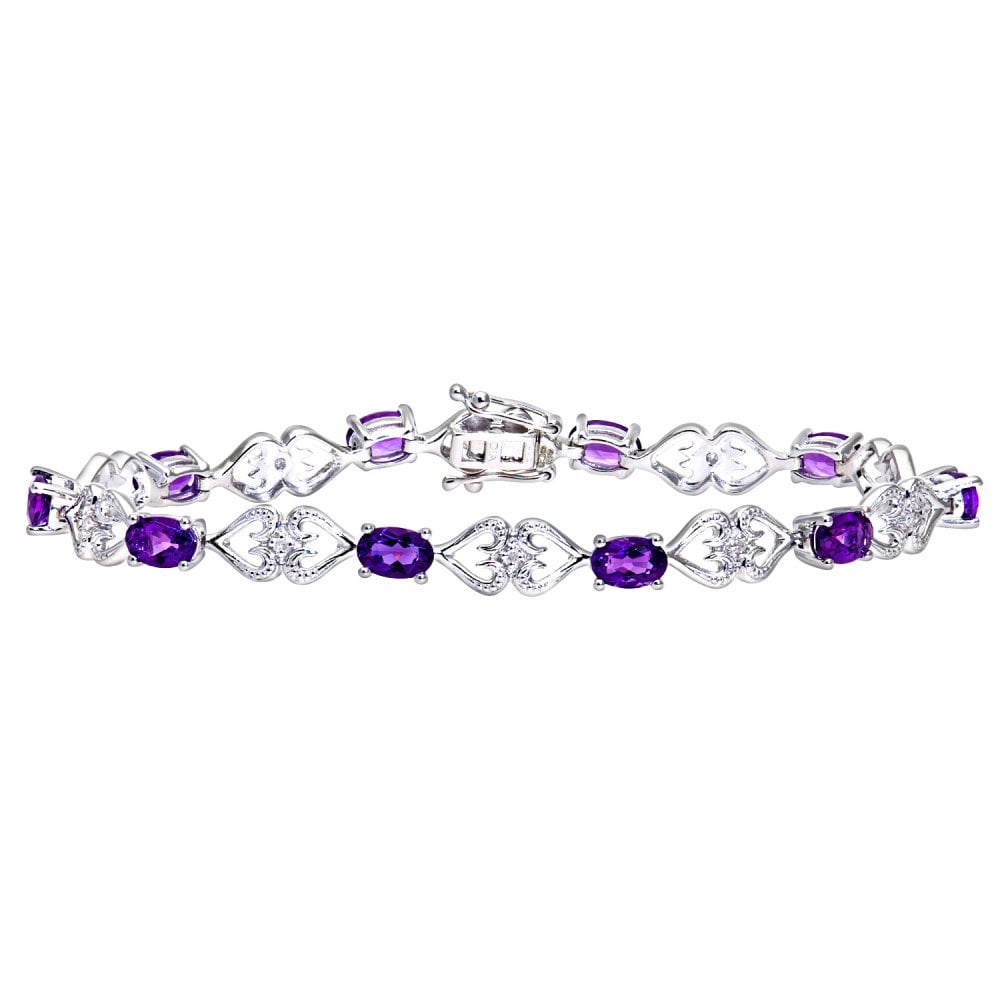 SPARKLD 9ct White Gold Oval Amethyst and 0.07ct Diamond Heart Bracelet