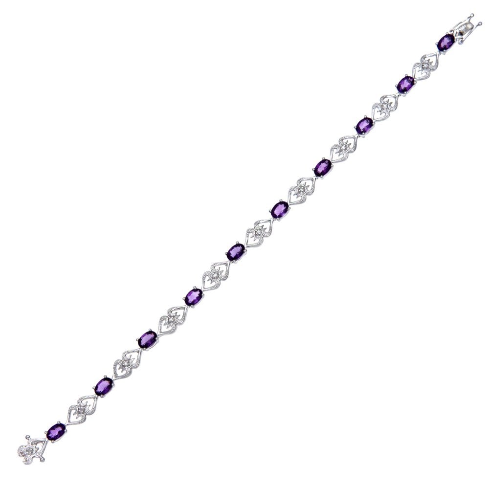 SPARKLD 9ct White Gold Oval Amethyst and 0.07ct Diamond Heart Bracelet
