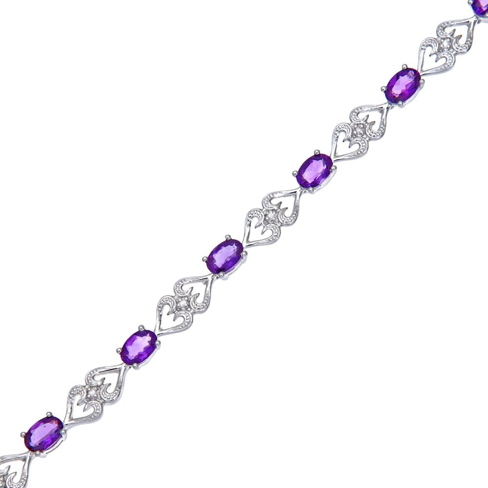 SPARKLD 9ct White Gold Oval Amethyst and 0.07ct Diamond Heart Bracelet