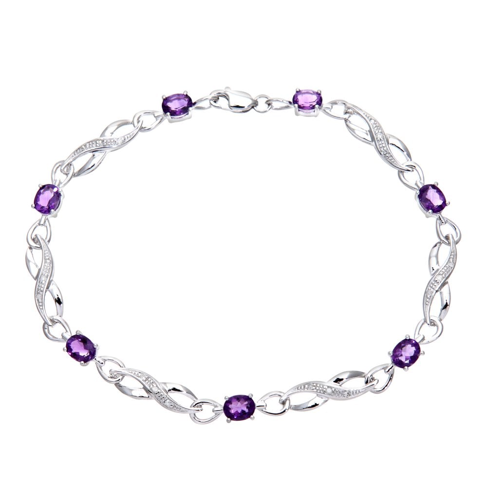 SPARKLD 9ct White Gold Oval Amethyst and 0.10ct Diamond Bracelet