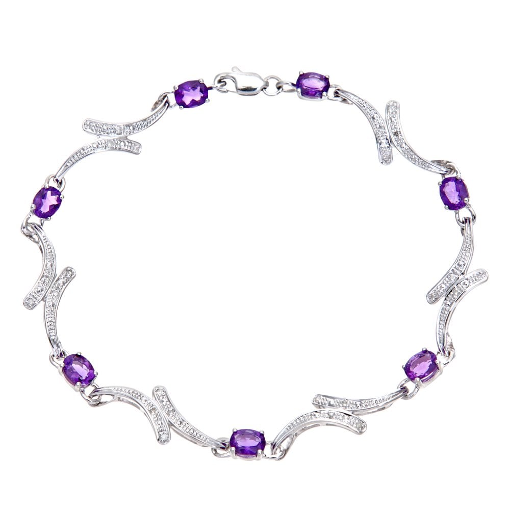 SPARKLD 9ct White Gold Oval Amethyst and 0.10ct Diamond Crossover Bracelet