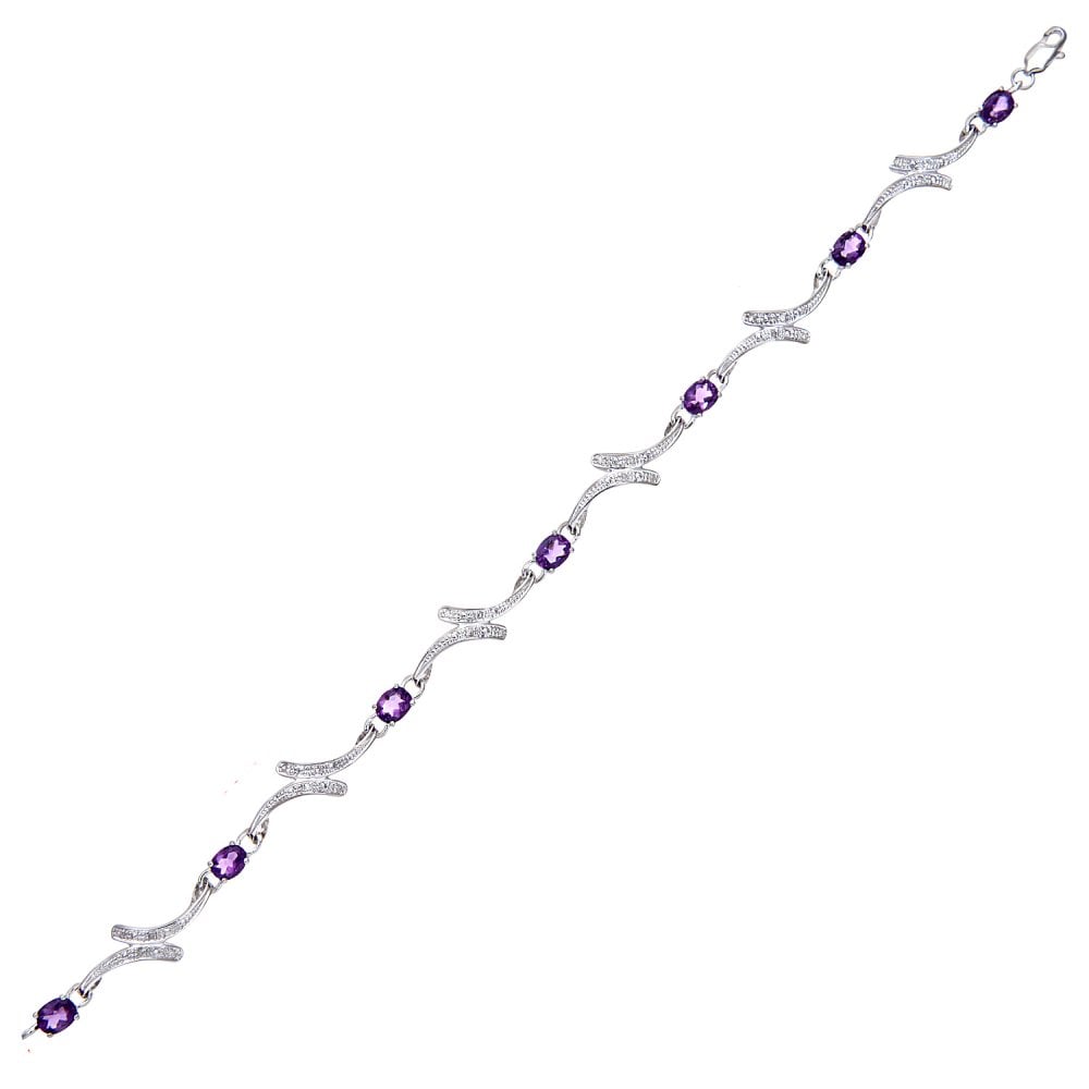 SPARKLD 9ct White Gold Oval Amethyst and 0.10ct Diamond Crossover Bracelet