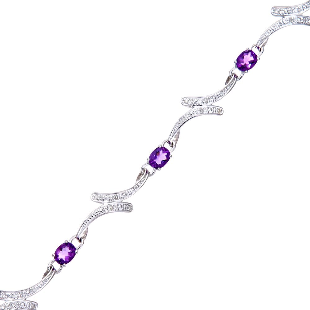 SPARKLD 9ct White Gold Oval Amethyst and 0.10ct Diamond Crossover Bracelet