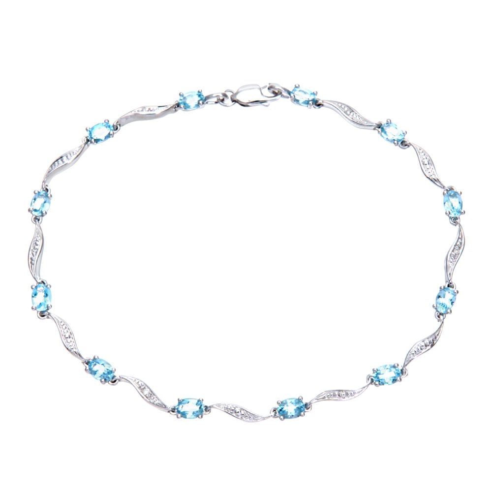 SPARKLD 9ct White Gold Oval Blue Topaz and 0.02ct Diamond Bracelet