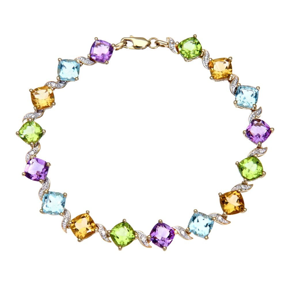 SPARKLD 9ct Yellow Gold Cushion Amethyst and 0.10ct Diamond Tennis Bracelet