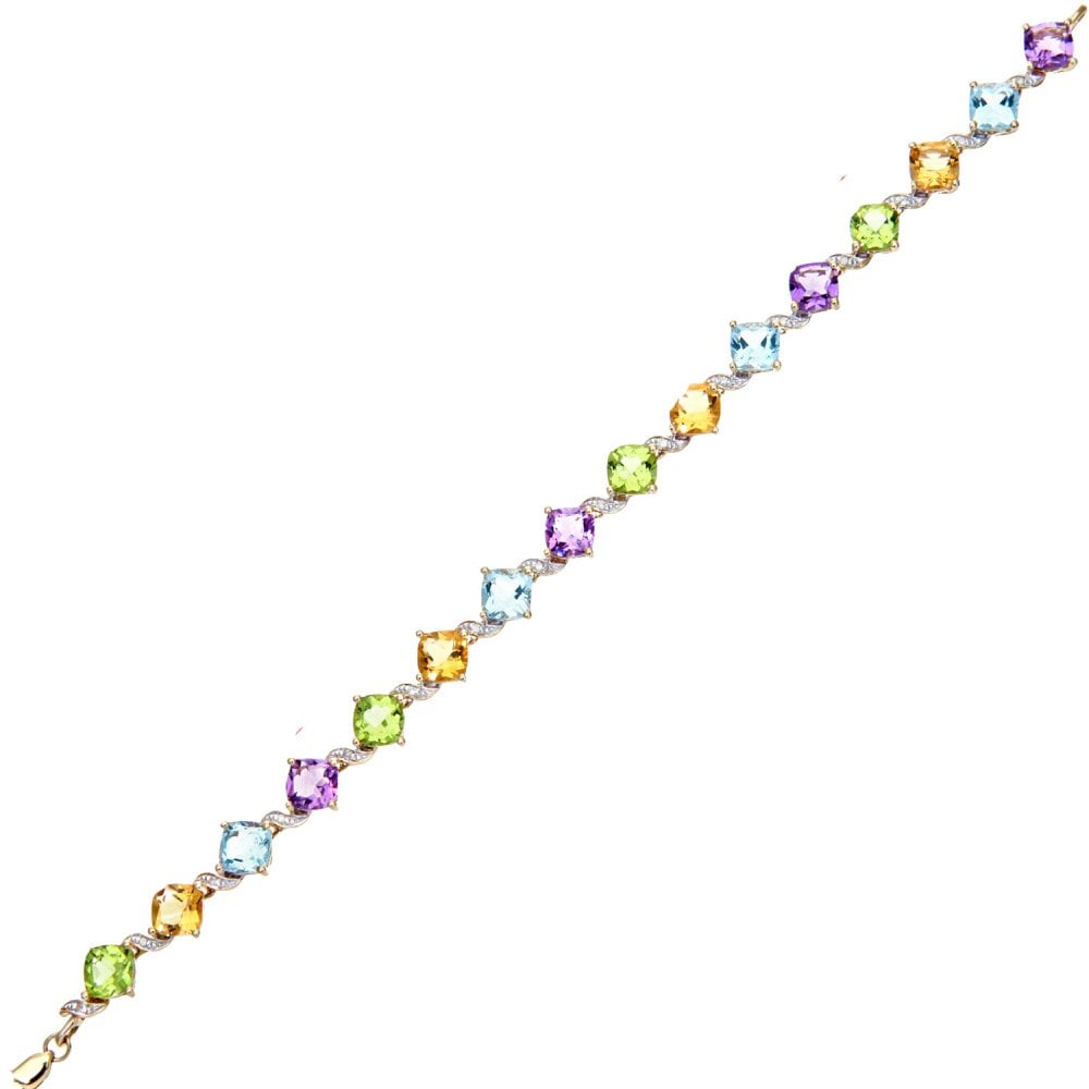 SPARKLD 9ct Yellow Gold Cushion Amethyst and 0.10ct Diamond Tennis Bracelet