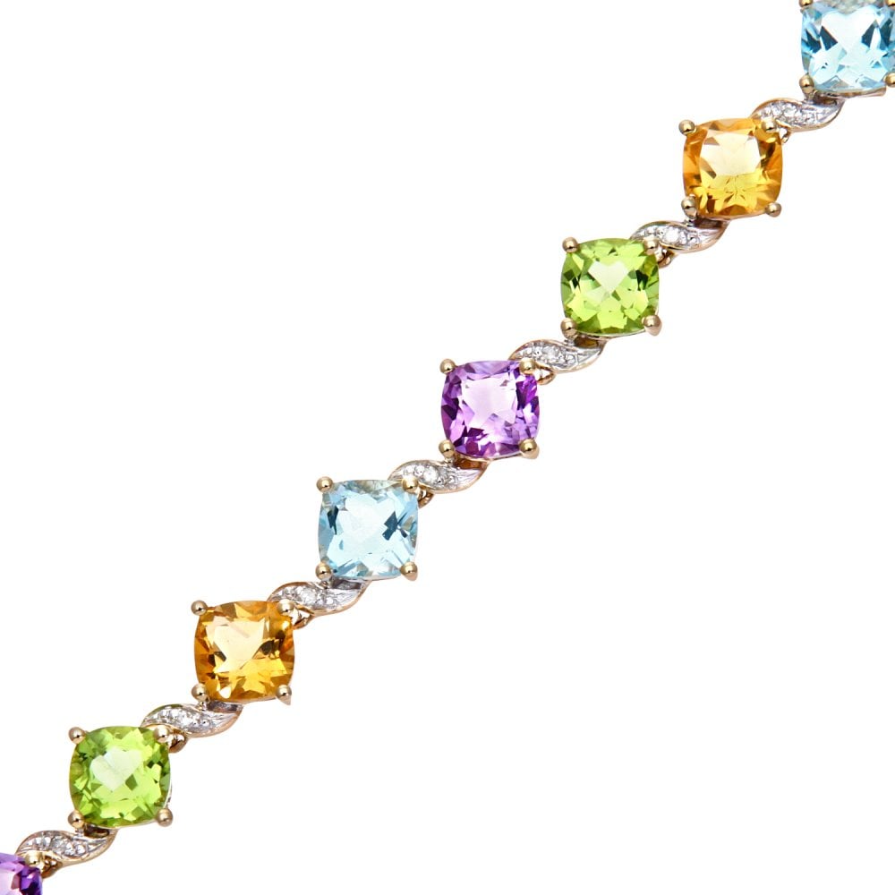 SPARKLD 9ct Yellow Gold Cushion Amethyst and 0.10ct Diamond Tennis Bracelet