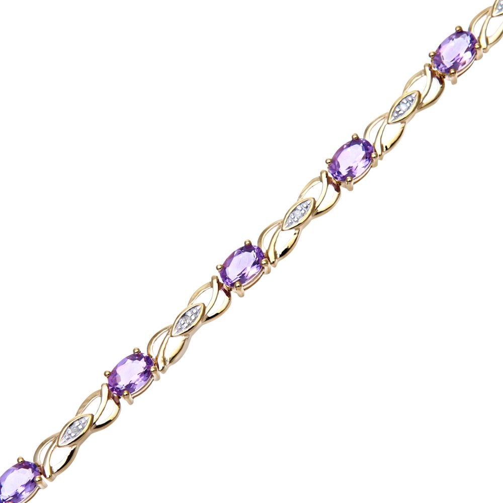 SPARKLD 9ct Yellow Gold Oval Amethyst and 0.05ct Diamond Bracelet