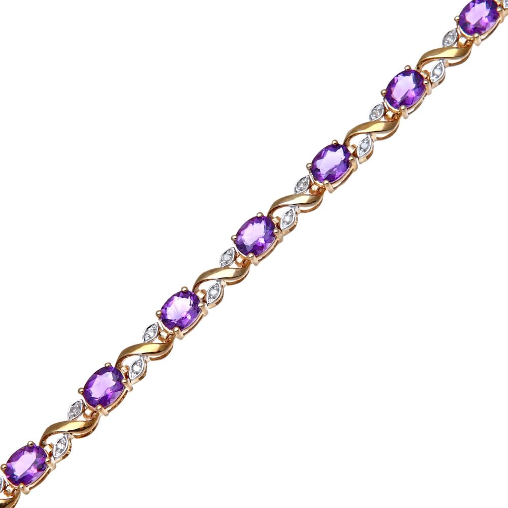 SPARKLD 9ct Yellow Gold Oval Amethyst and 0.13ct Diamond Bracelet