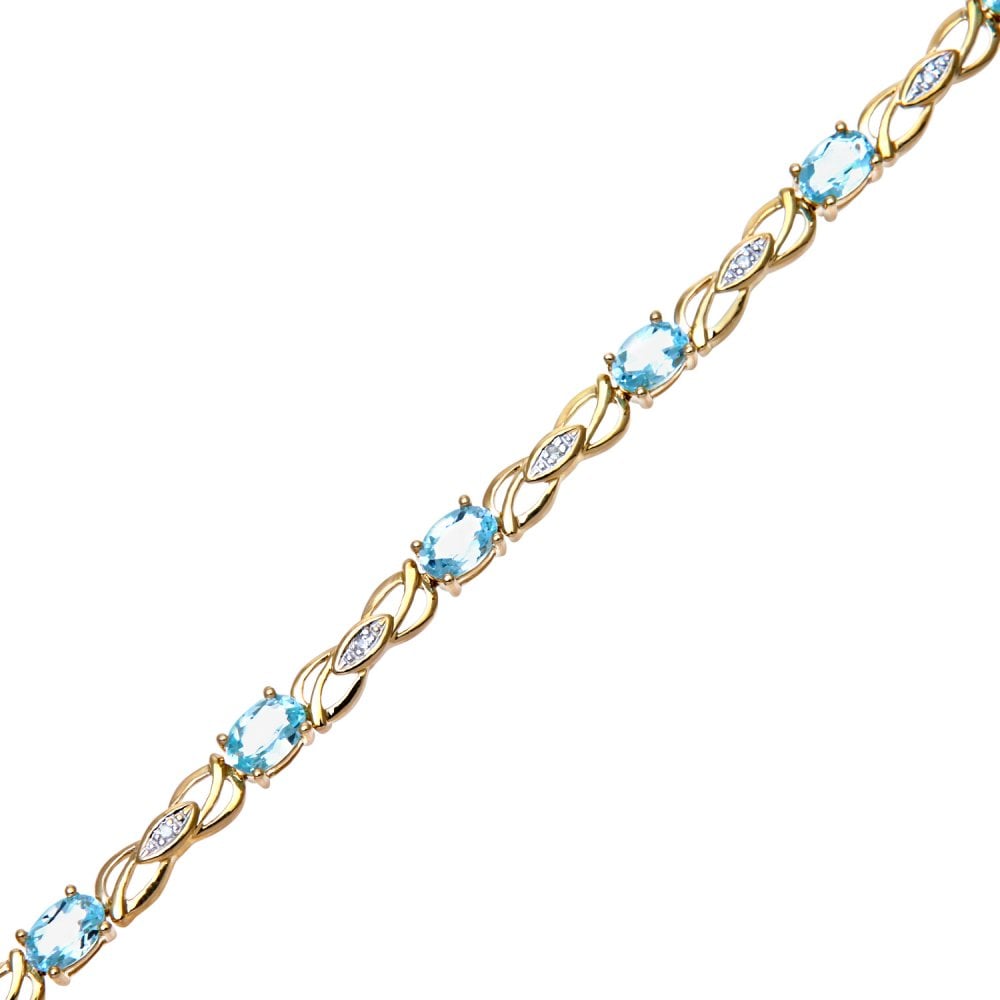 SPARKLD 9ct Yellow Gold Oval Blue Topaz and 0.05ct Diamond Bracelet
