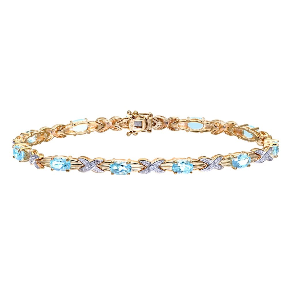 SPARKLD 9ct Yellow Gold Oval Blue Topaz and 0.05ct Diamond Bracelet