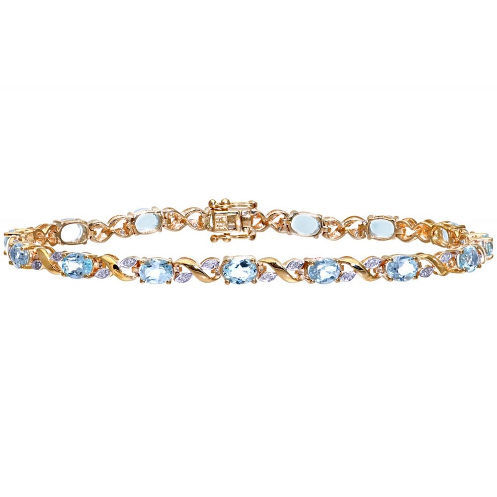 SPARKLD 9ct Yellow Gold Oval Blue Topaz and 0.13ct Diamond Bracelet