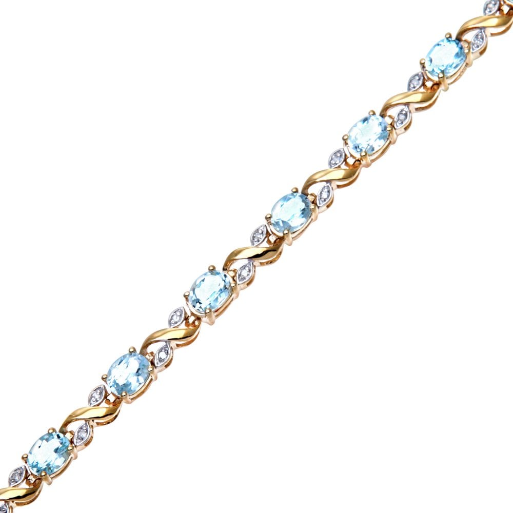 SPARKLD 9ct Yellow Gold Oval Blue Topaz and 0.13ct Diamond Bracelet