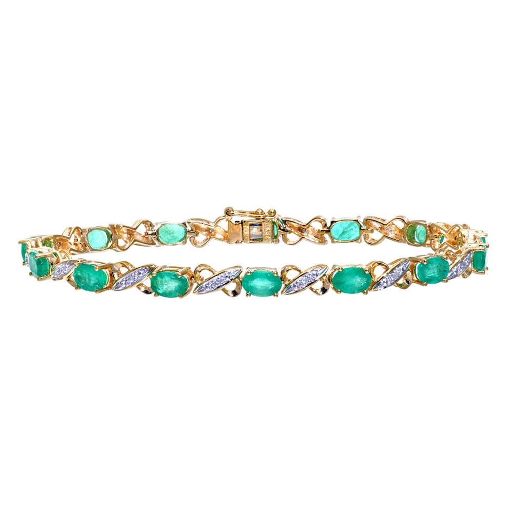 SPARKLD 9ct Yellow Gold Oval Emerald and 0.07ct Diamond Bracelet