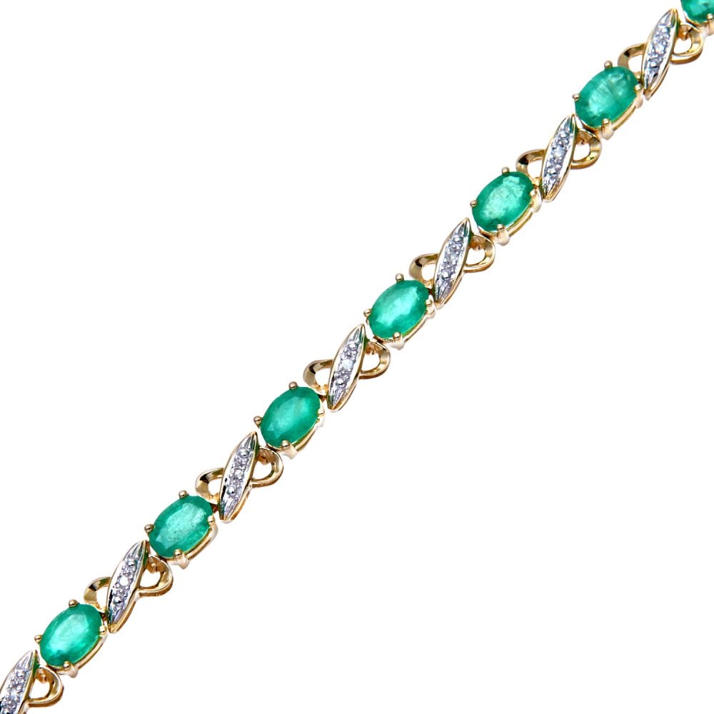 SPARKLD 9ct Yellow Gold Oval Emerald and 0.07ct Diamond Bracelet