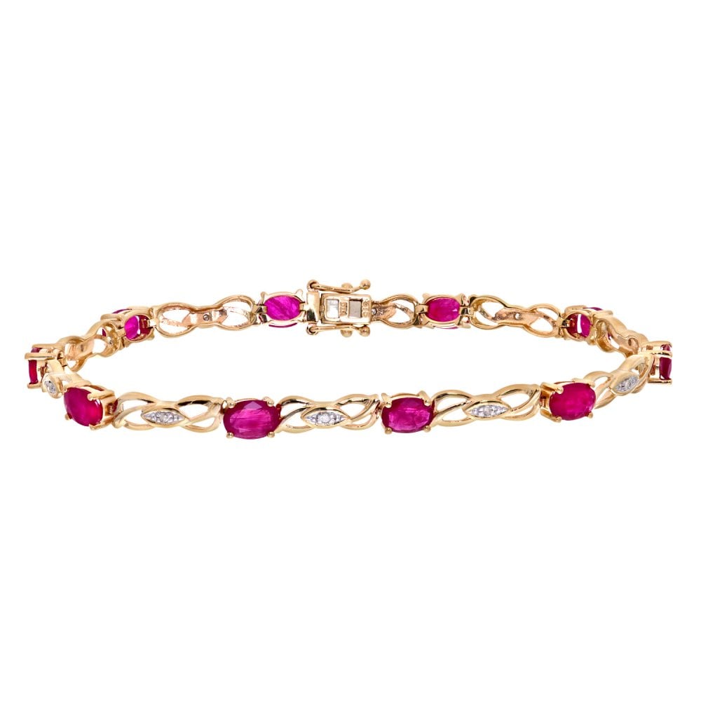 SPARKLD 9ct Yellow Gold Oval Ruby and 0.05ct Diamond Bracelet