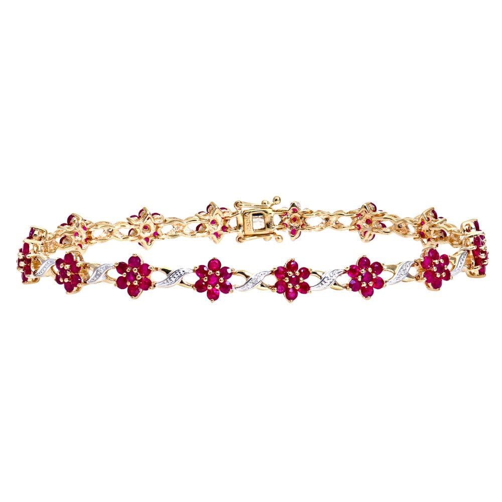 SPARKLD 9ct Yellow Gold Ruby and 0.04ct Diamond Flower Bracelet