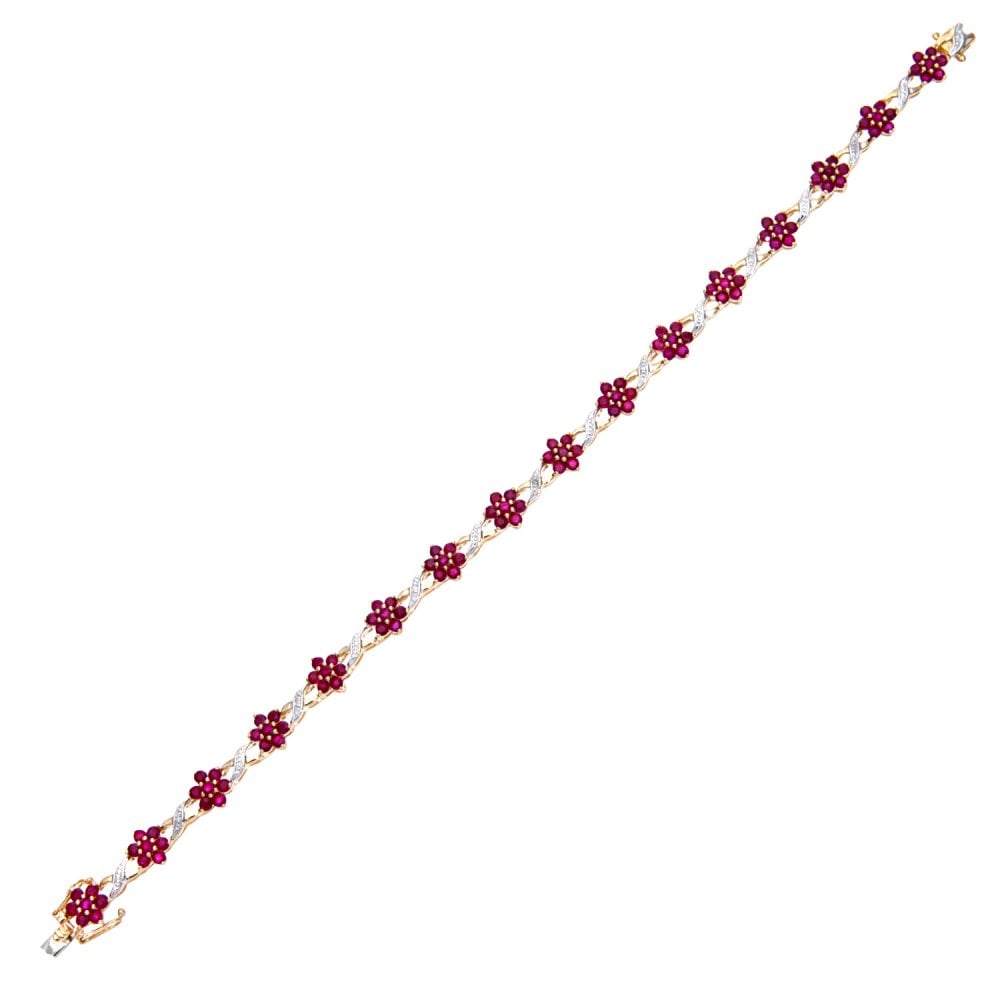 SPARKLD 9ct Yellow Gold Ruby and 0.04ct Diamond Flower Bracelet