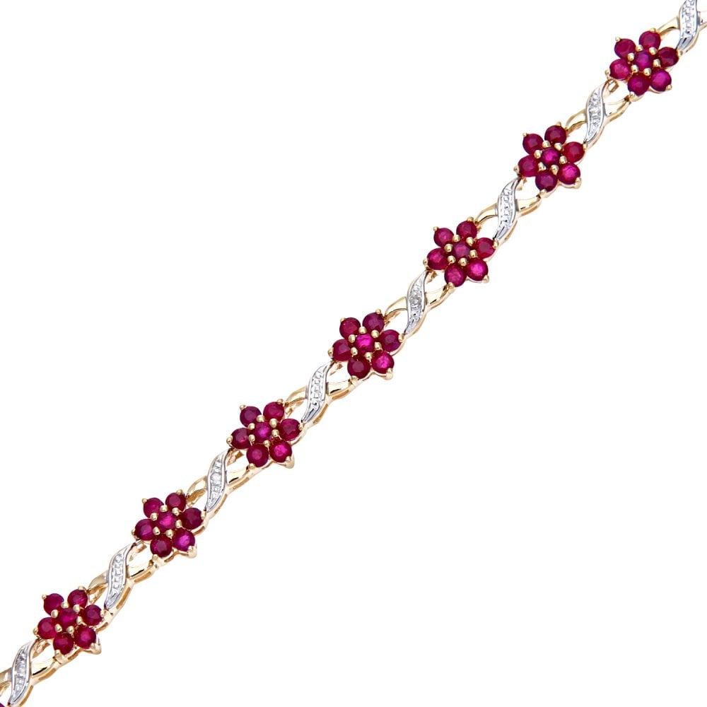 SPARKLD 9ct Yellow Gold Ruby and 0.04ct Diamond Flower Bracelet