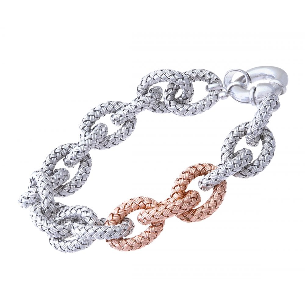 SPARKLD Rhodium and Rose Gold Plated Silver Basket Weave Oval Link Bracelet
