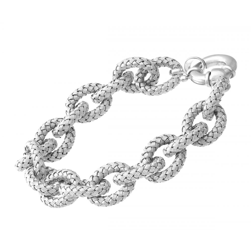 SPARKLD Rhodium Plated Silver Basket Weave Oval Link Bracelet