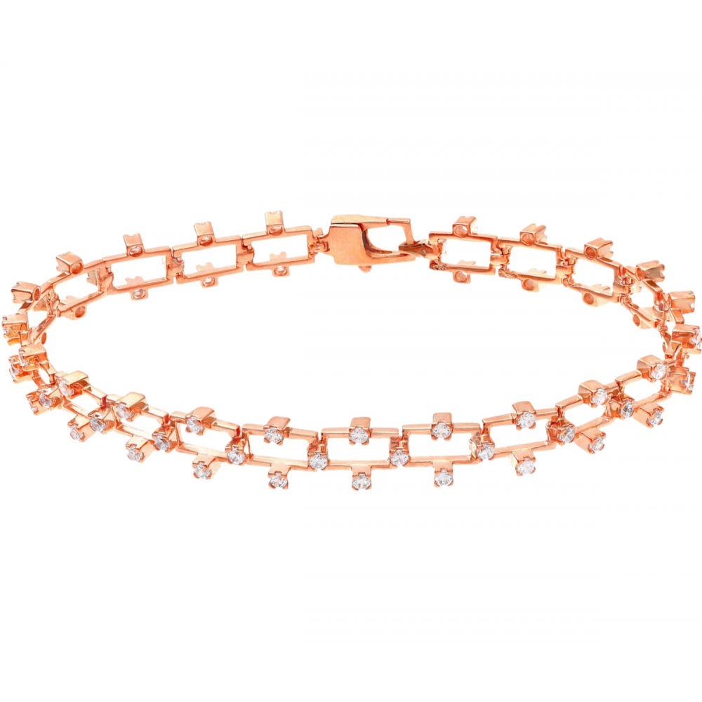 SPARKLD Rose Gold Plated Silver Cz Embellished Classy Rectangle Link Bracelet
