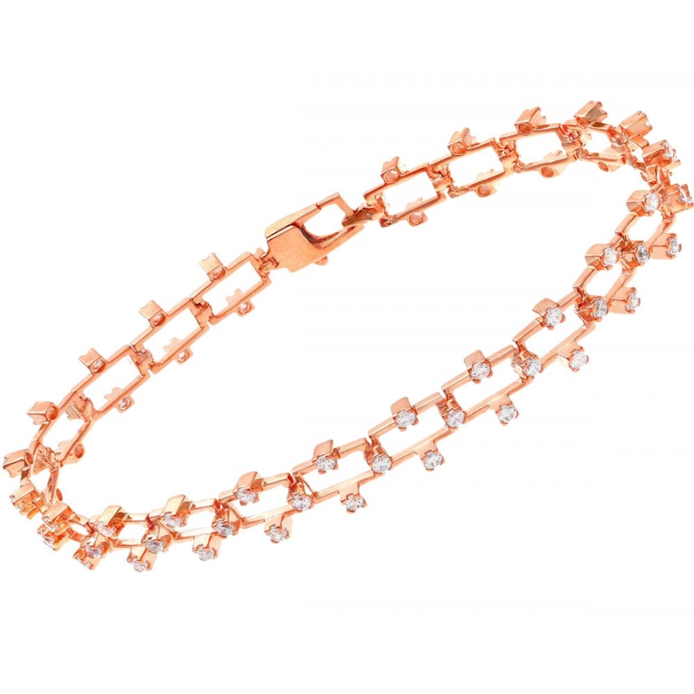 SPARKLD Rose Gold Plated Silver Cz Embellished Classy Rectangle Link Bracelet