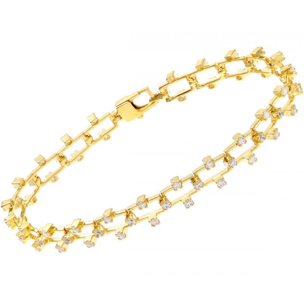 SPARKLD Yellow Gold Plated Silver Cz Embellished Classy Rectangle Link Bracelet