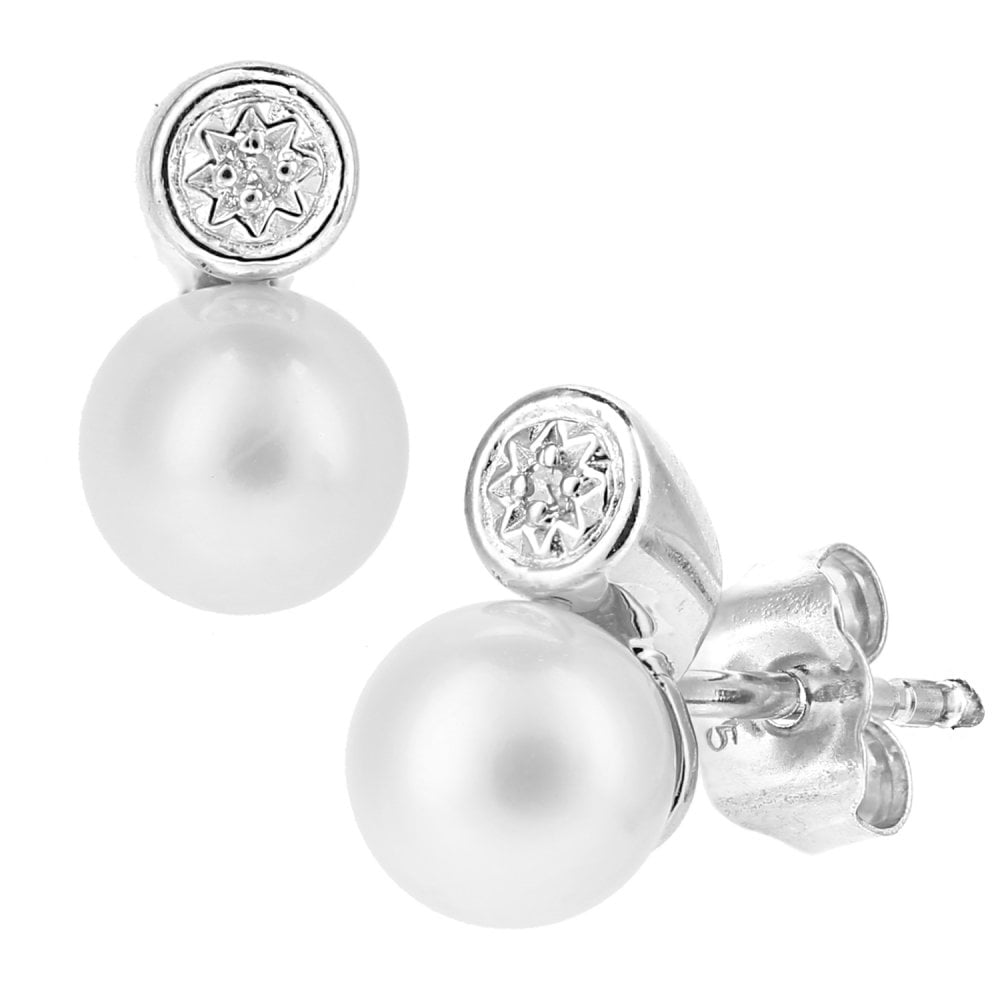 SPARKLD 9ct White Gold Cultured Pearl and 0.01ct Diamond Stud Earrings