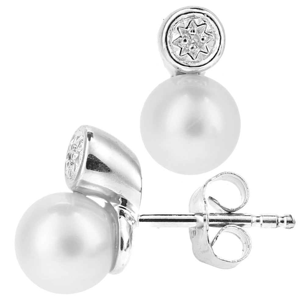 SPARKLD 9ct White Gold Cultured Pearl and 0.01ct Diamond Stud Earrings