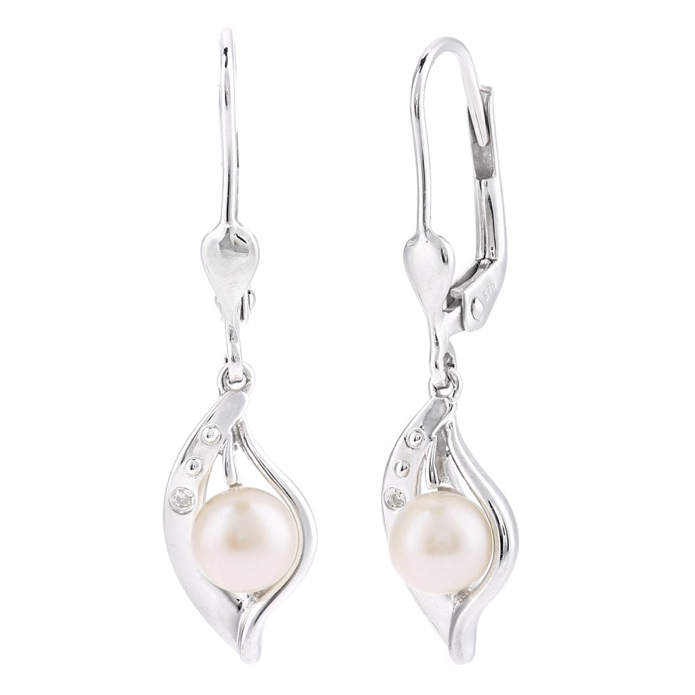 SPARKLD 9ct White Gold Cultured Pearl and 0.01ct Diamond Drop Earrings