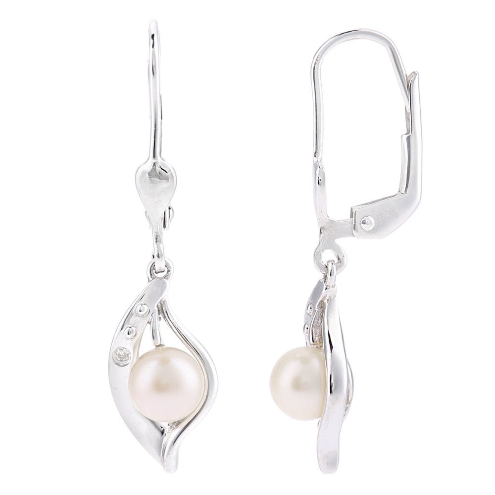 SPARKLD 9ct White Gold Cultured Pearl and 0.01ct Diamond Drop Earrings