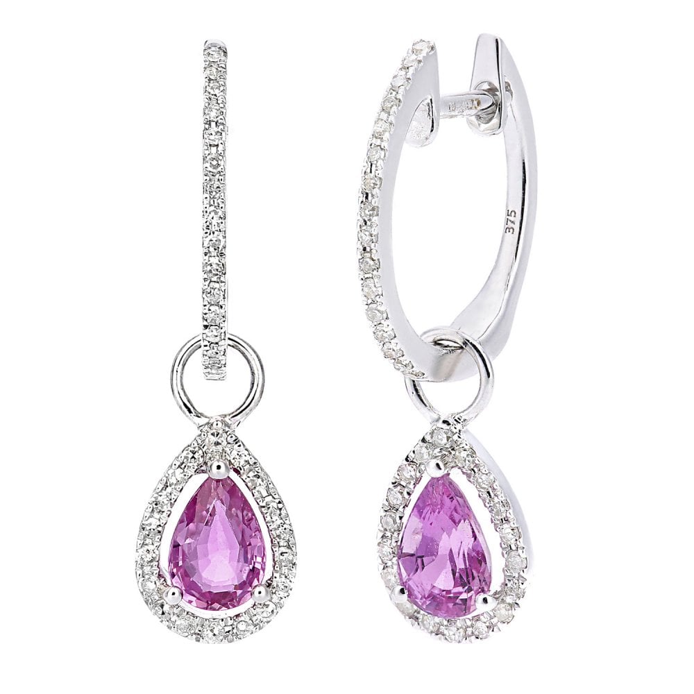 SPARKLD 9ct White Gold Created Pink Sapphire Teardrop 0.20ct Diamond Earrings