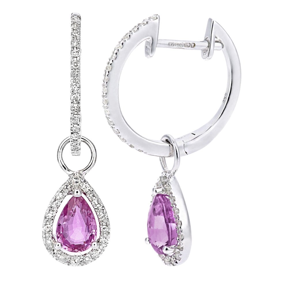 SPARKLD 9ct White Gold Created Pink Sapphire Teardrop 0.20ct Diamond Earrings