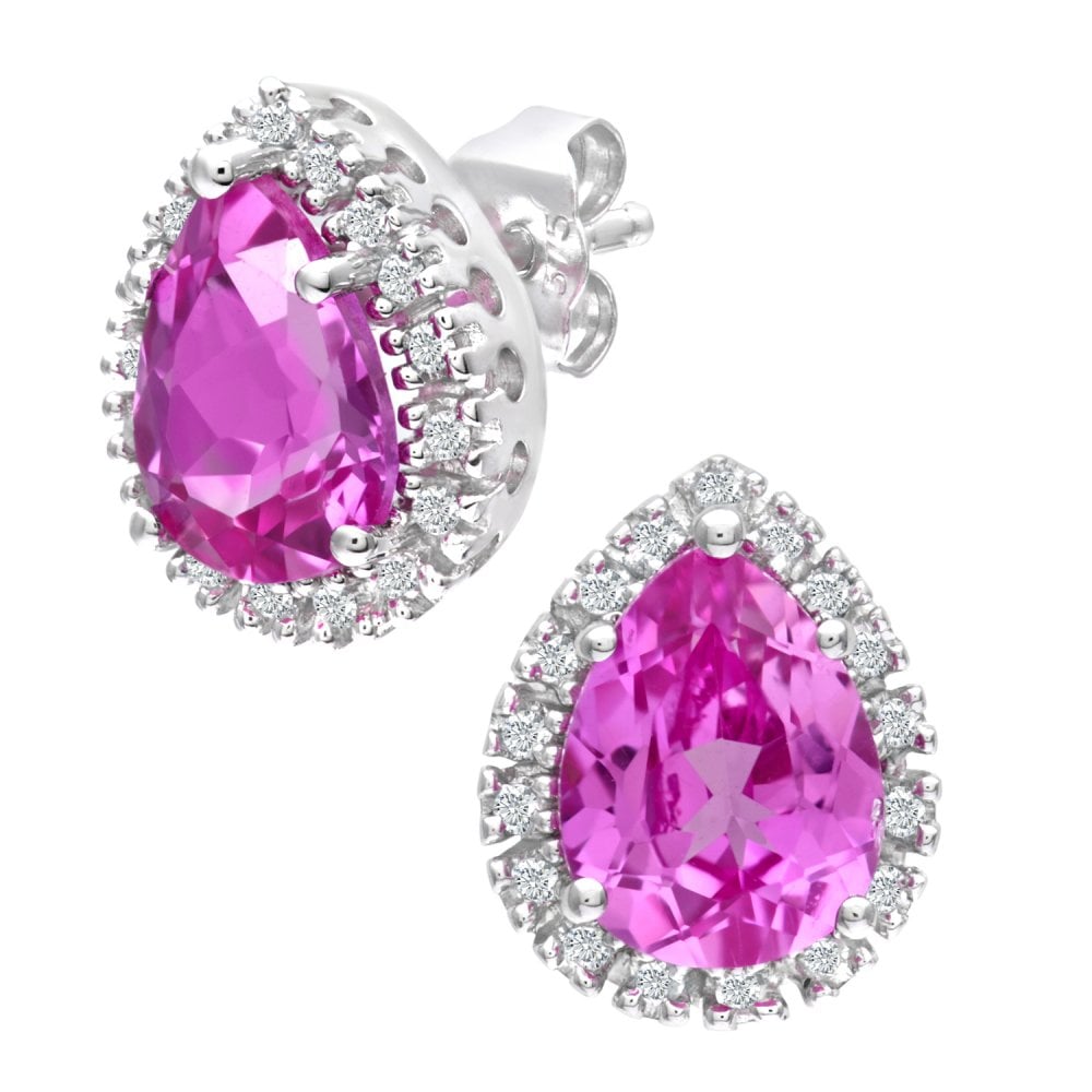 SPARKLD 9ct White Gold Created Pink Sapphire and 0.13ct Diamond Halo Teardrop Stud Earrings