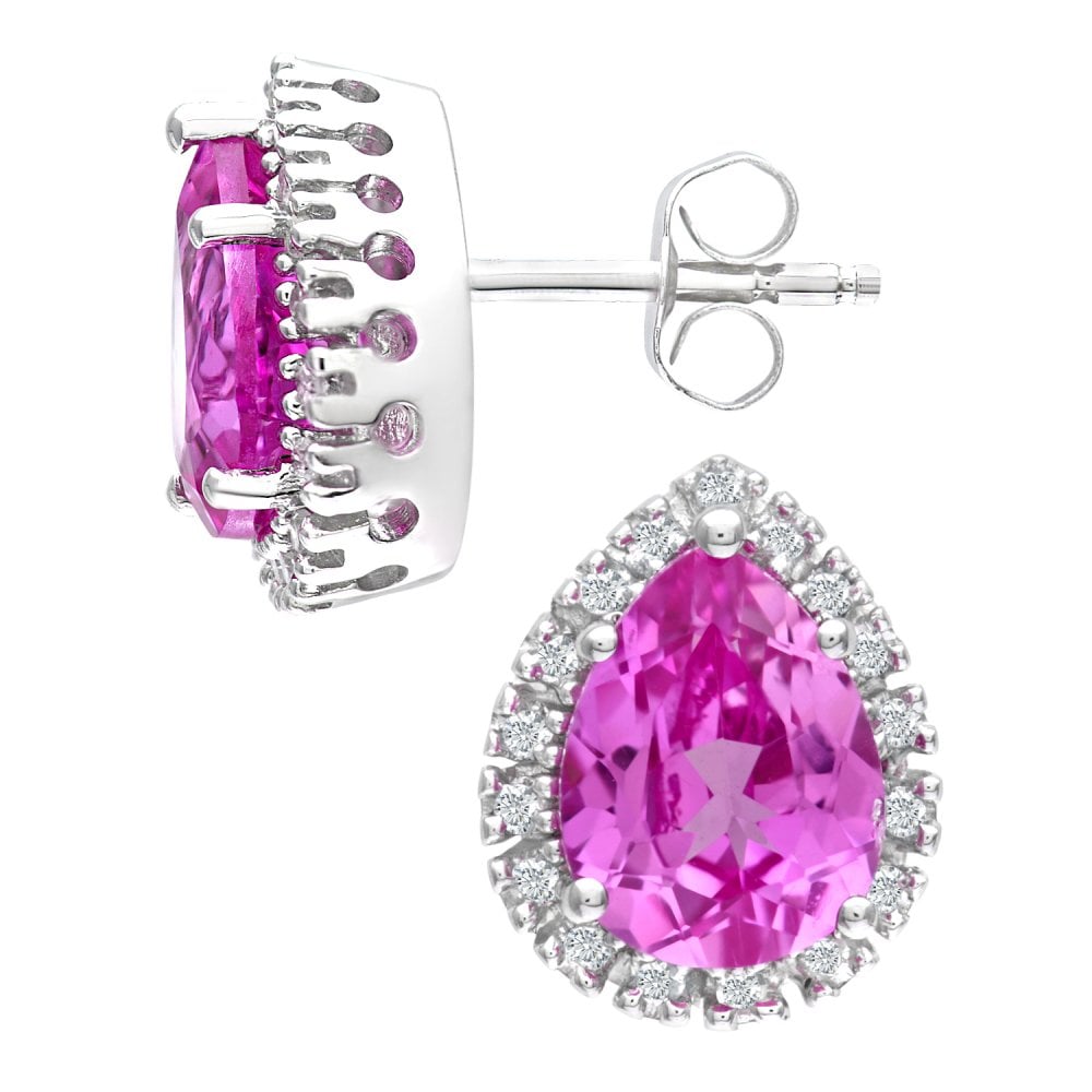 SPARKLD 9ct White Gold Created Pink Sapphire and 0.13ct Diamond Halo Teardrop Stud Earrings