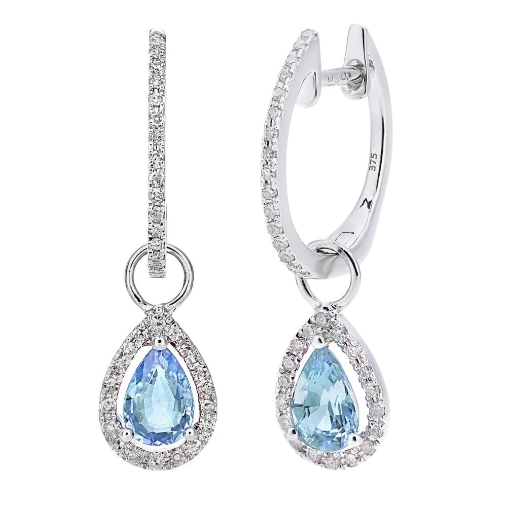 SPARKLD 9ct White Gold Blue Topaz Teardrop 0.20ct Diamond Earrings