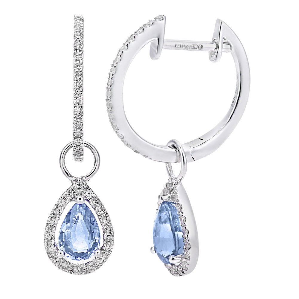 SPARKLD 9ct White Gold Blue Topaz Teardrop 0.20ct Diamond Earrings
