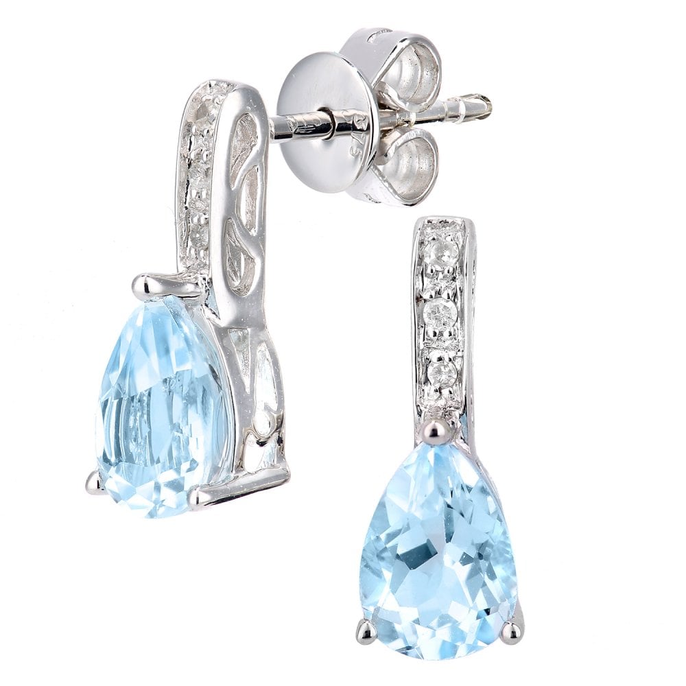 SPARKLD 9ct White Gold Blue Topaz Teardrop 0.03ct Diamond Drop Earrings