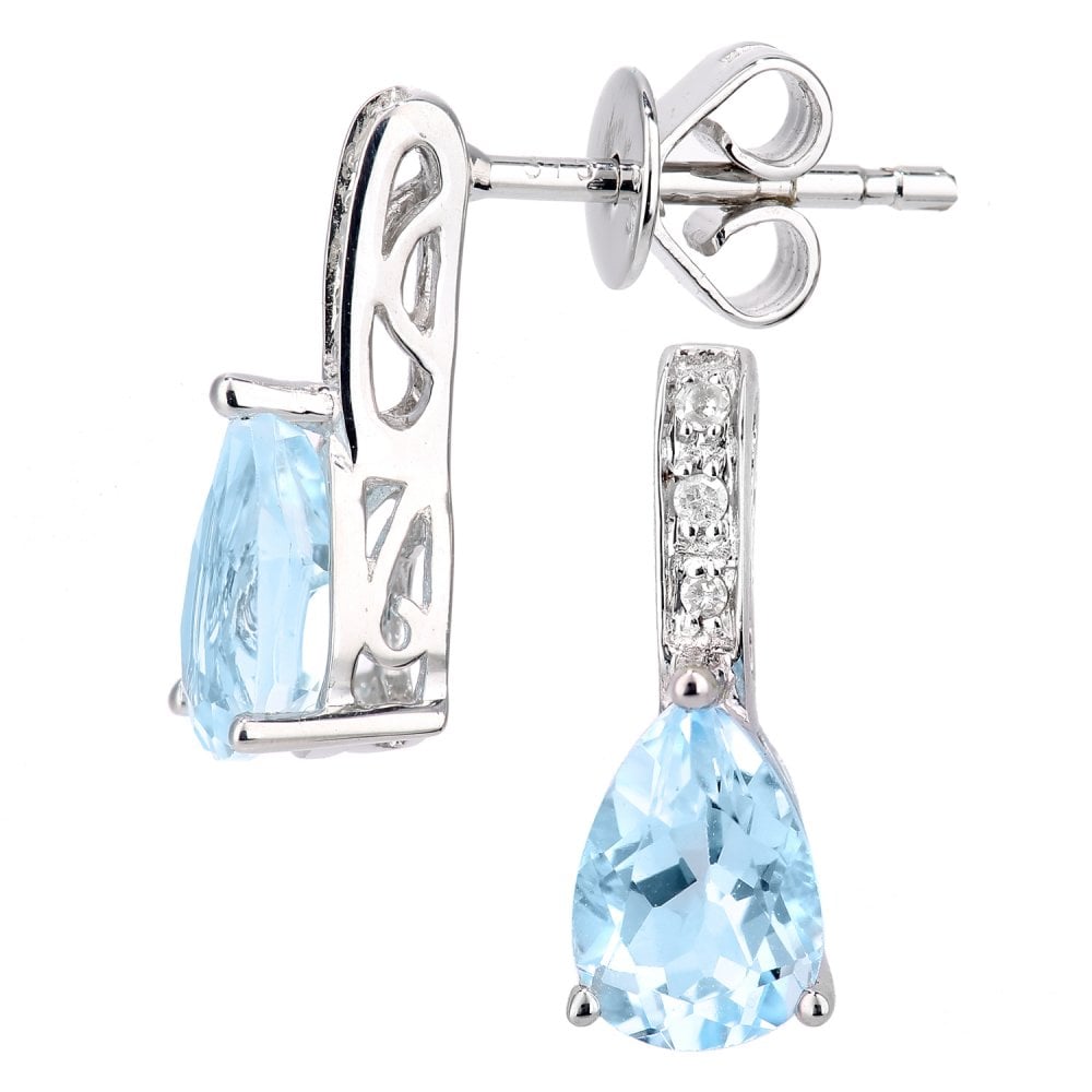 SPARKLD 9ct White Gold Blue Topaz Teardrop 0.03ct Diamond Drop Earrings