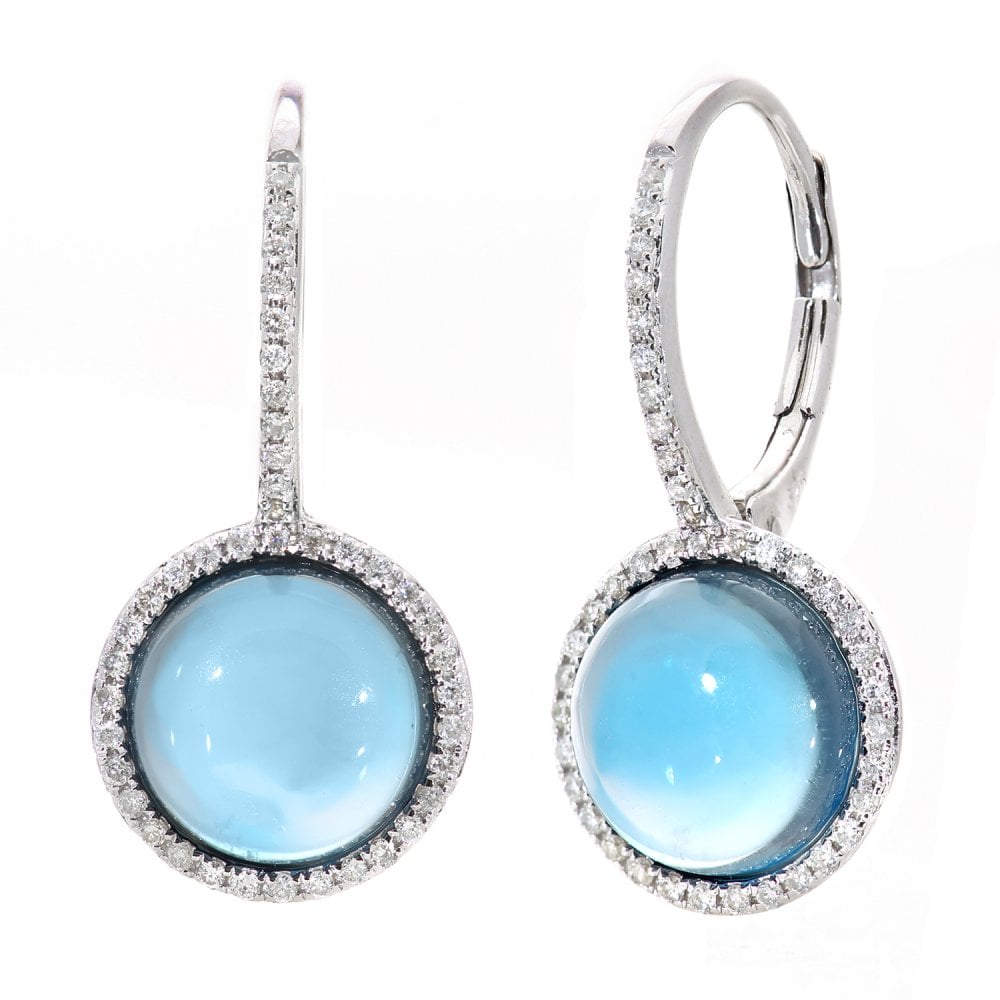 SPARKLD 9ct White Gold Blue Topaz Halo 0.25ct Diamond Drop Earrings
