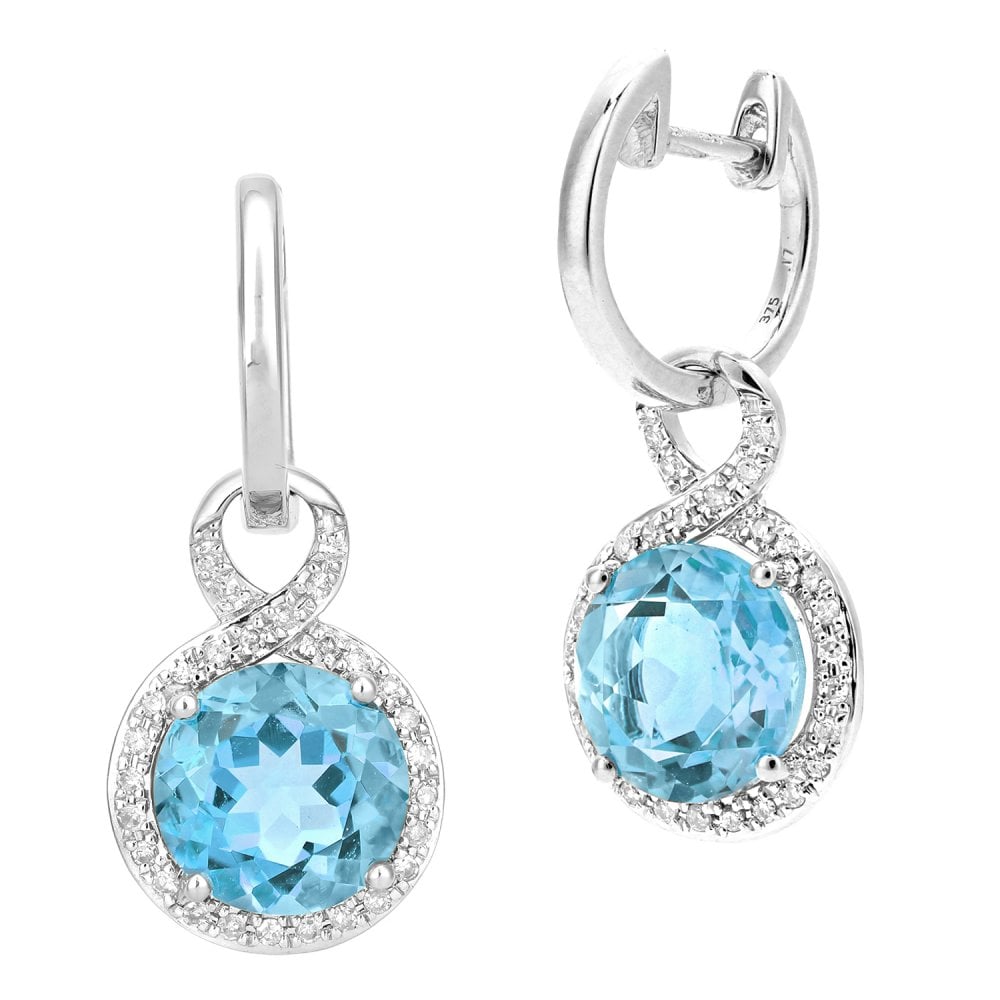 SPARKLD 9ct White Gold Blue Topaz and 0.17ct Diamond Drop Earrings