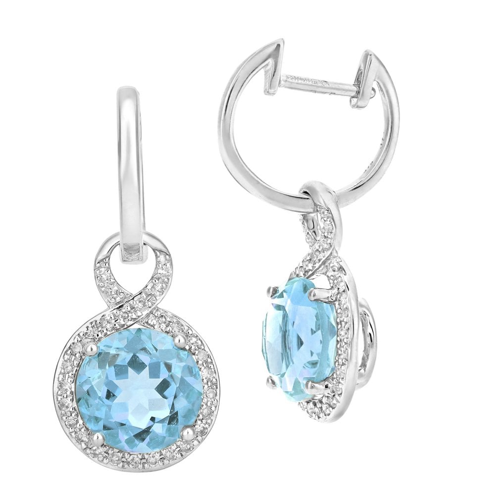 SPARKLD 9ct White Gold Blue Topaz and 0.17ct Diamond Drop Earrings