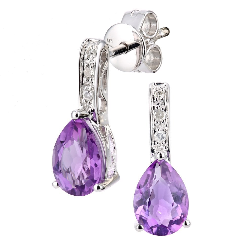 SPARKLD 9ct White Gold Amethyst Teardrop 0.03ct Diamond Drop Earrings