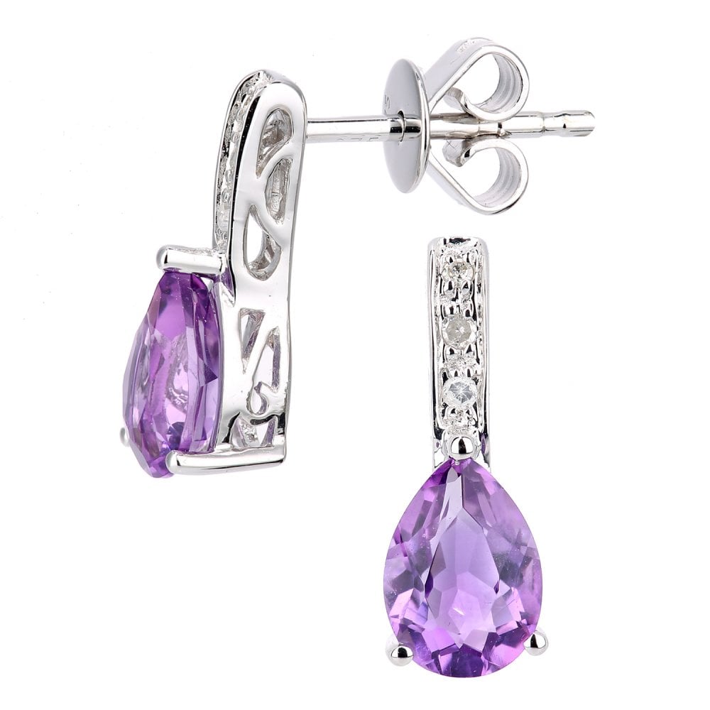 SPARKLD 9ct White Gold Amethyst Teardrop 0.03ct Diamond Drop Earrings