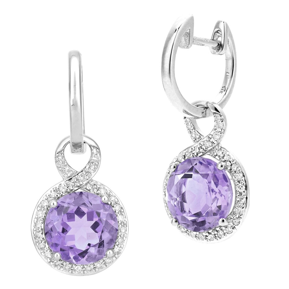 SPARKLD 9ct White Gold Amethyst and 0.17ct Diamond Drop Earrings