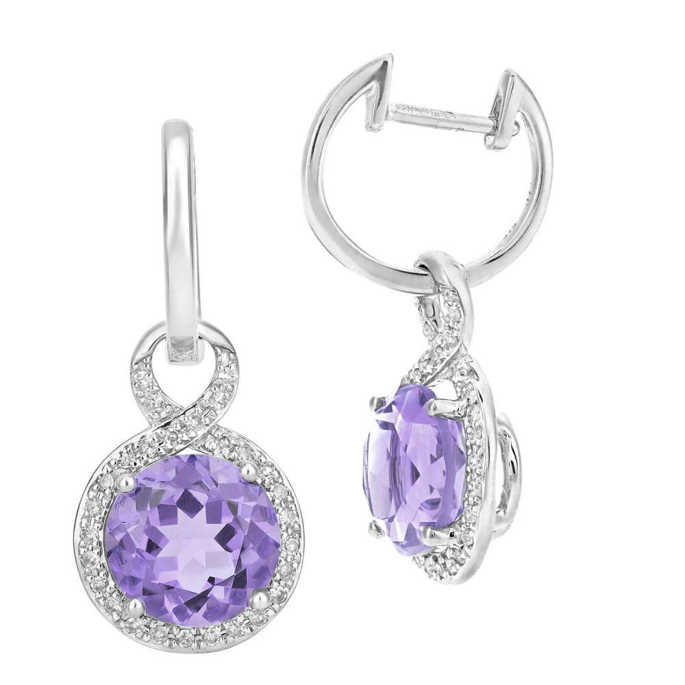 SPARKLD 9ct White Gold Amethyst and 0.17ct Diamond Drop Earrings