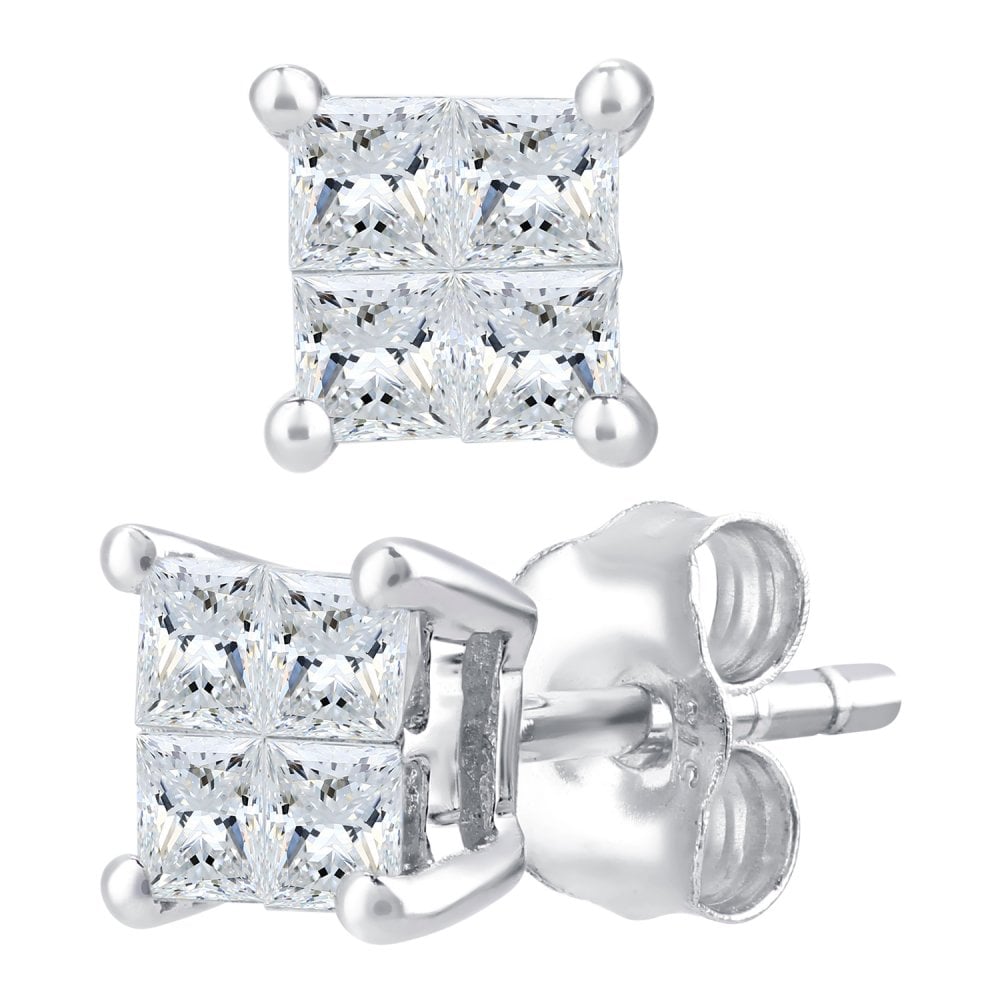 SPARKLD 9ct White Gold 0.33ct Princess Diamond Solitaire Stud Earrings